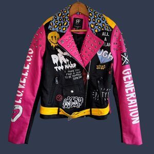 Red Fox Colourful Studded Punk Loveless Generation Faux Leather Bomber Jacket